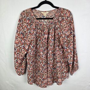 Sundance Womens Top Blouse Sz Large 100% Silk Floral Ikat Boho Button Up Career
